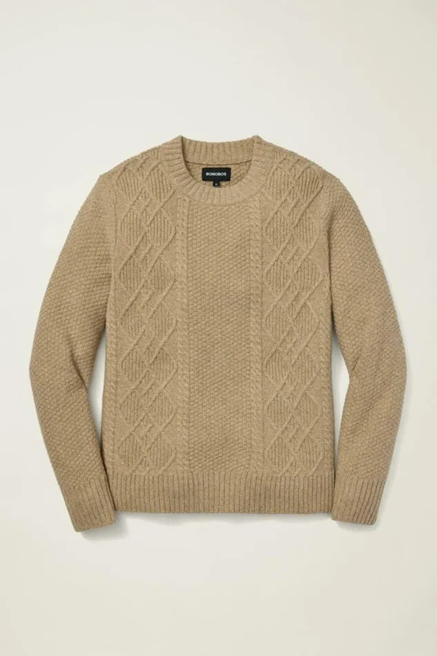 Men Extrafine Merino Cable Sweater Oatmeal Heather Bonobos Crew and VNeck Sweaters