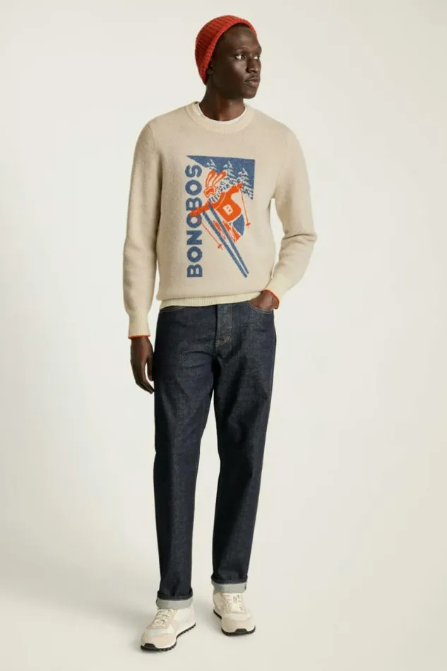 Men Extrafine Merino Ski Bunny Sweater White Scenic Print Bonobos Crew and VNeck Sweaters
