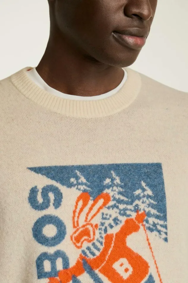 Men Extrafine Merino Ski Bunny Sweater White Scenic Print Bonobos Crew and VNeck Sweaters