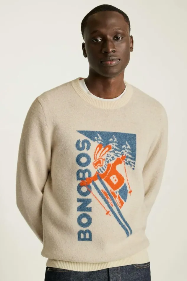 Men Extrafine Merino Ski Bunny Sweater White Scenic Print Bonobos Crew and VNeck Sweaters