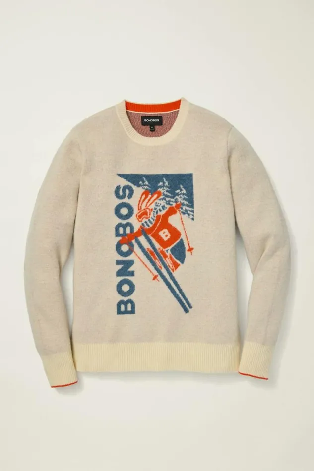 Men Extrafine Merino Ski Bunny Sweater White Scenic Print Bonobos Crew and VNeck Sweaters