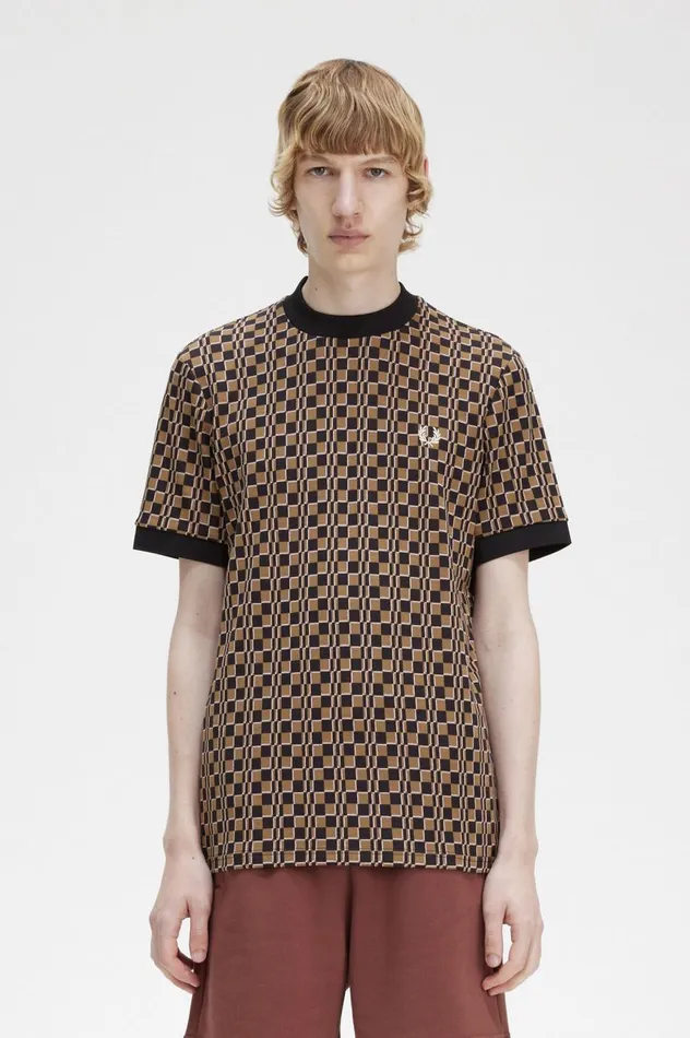 Men Glitch Chequerboard TShirt Shaded Stonenavy Fred Perry TShirts