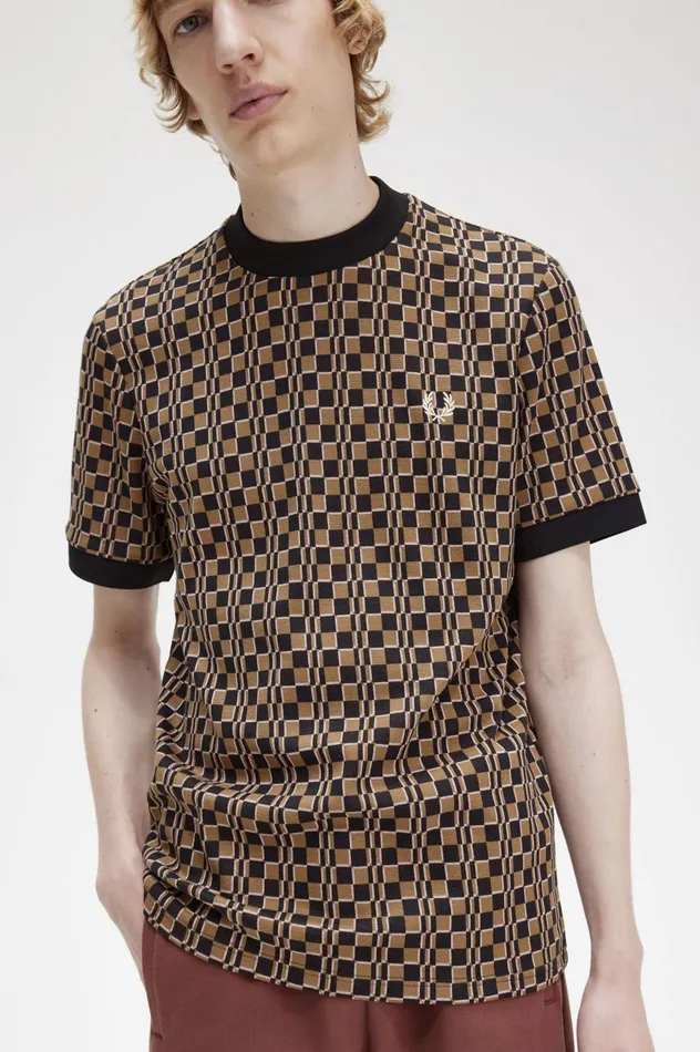 Men Glitch Chequerboard TShirt Shaded Stonenavy Fred Perry TShirts