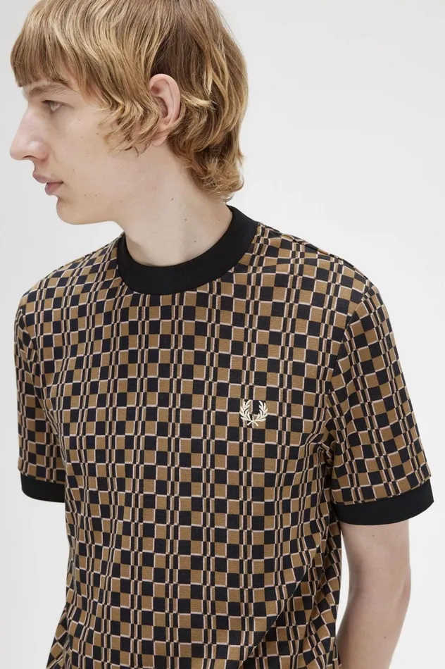 Men Glitch Chequerboard TShirt Shaded Stonenavy Fred Perry TShirts