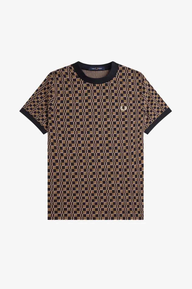 Men Glitch Chequerboard TShirt Shaded Stonenavy Fred Perry TShirts