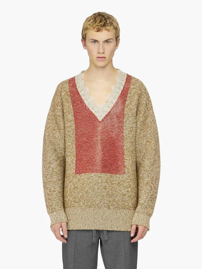 Men Knitwear JW Anderson VNECK LACE TRIM SWEATER Cobblestonered Men Knitwear JW Anderson VNECK LACE TRIM SWEATER Cobblestonered