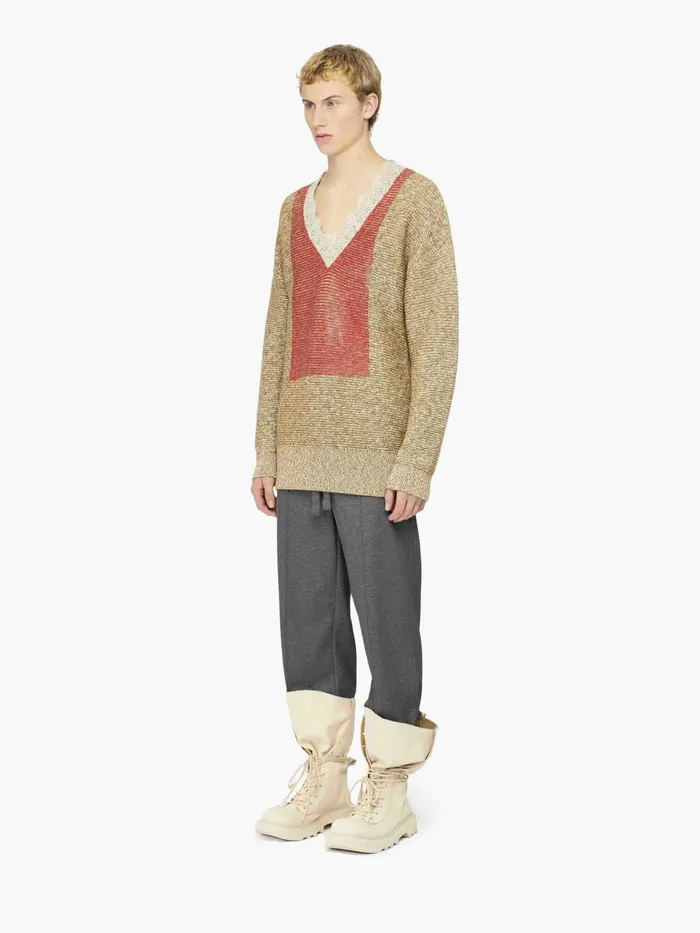 Men Knitwear JW Anderson VNECK LACE TRIM SWEATER Cobblestonered Men Knitwear JW Anderson VNECK LACE TRIM SWEATER Cobblestonered