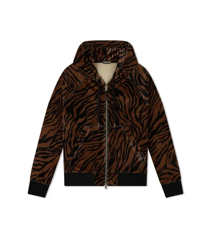 Men Knitwear Tom Ford Zebra Print Velour Zip Hoodie Brownblack