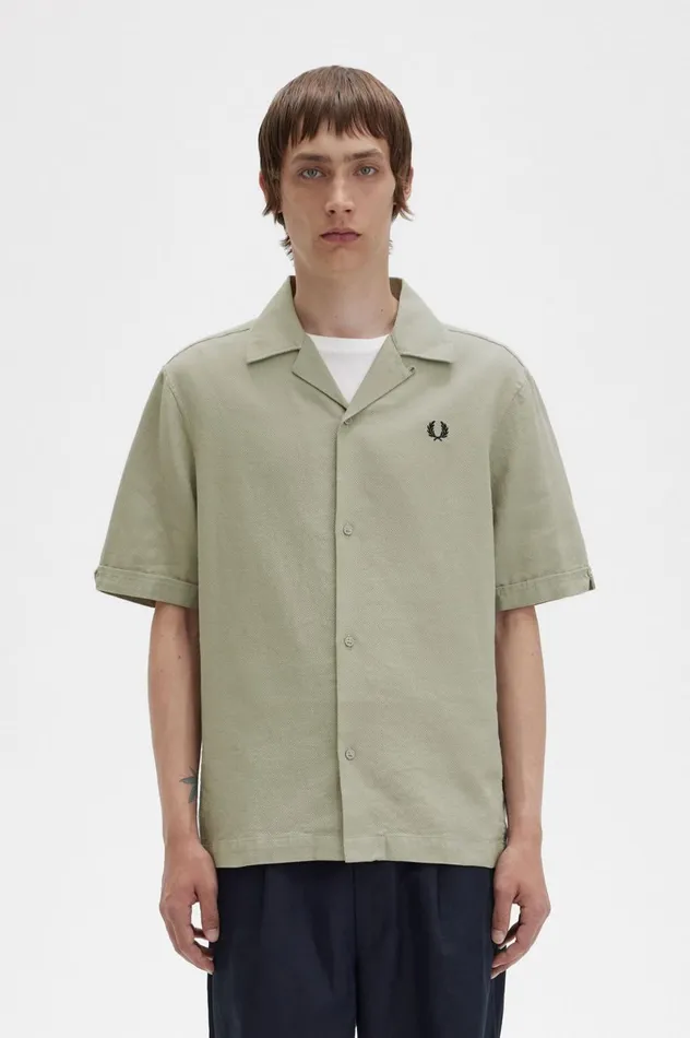 Men LinenBlend Revere Collar Shirt Seagrass Fred Perry Shirts