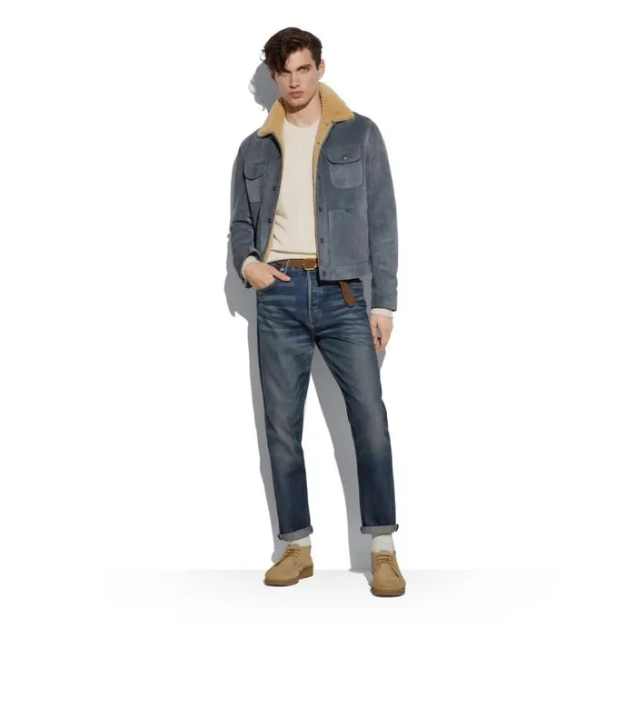 Men Outerwear Tom Ford Buttery Suede Shearling Trucker Anthracite Men Outerwear Tom Ford Buttery Suede Shearling Trucker Anthracite