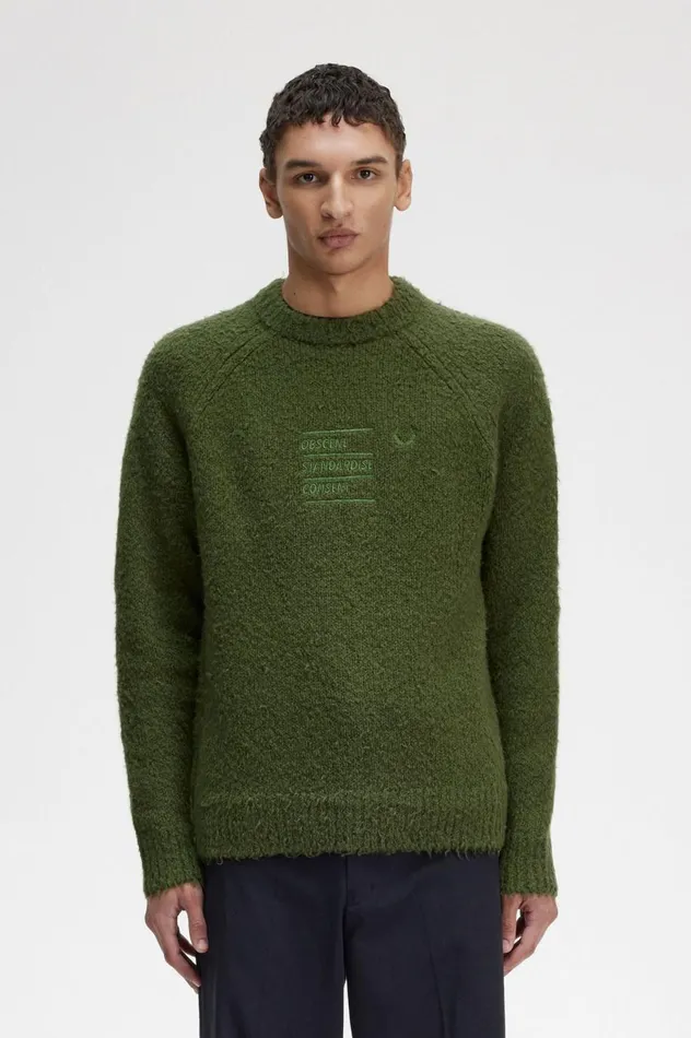 Men Raf SimonsTextured Knitted Jumper Chive Fred Perry Knitwear