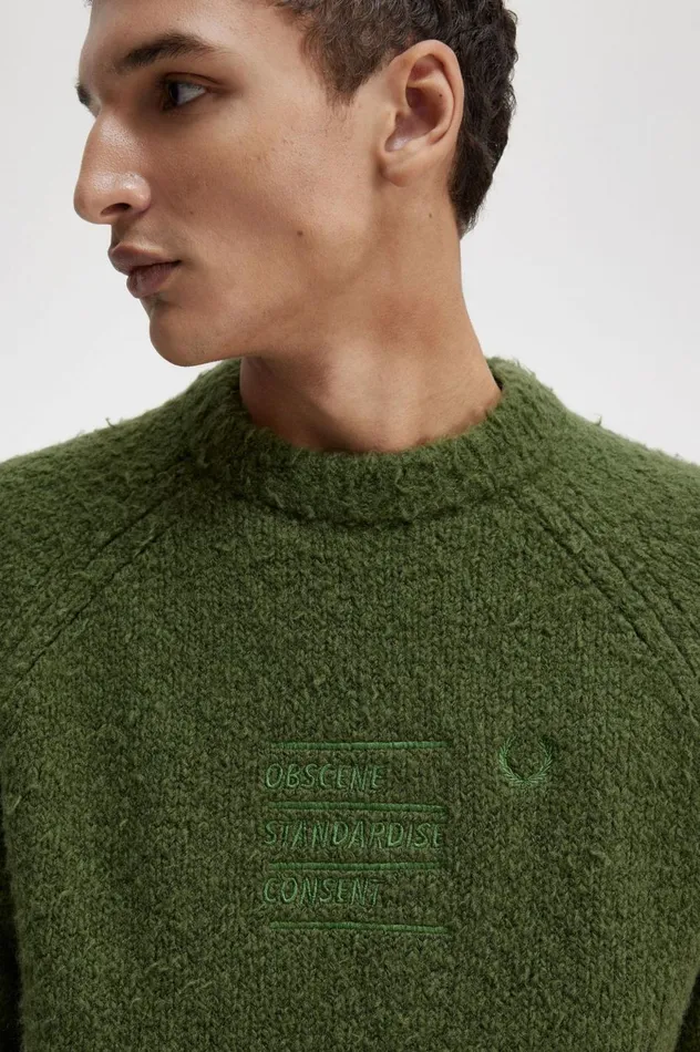 Men Raf SimonsTextured Knitted Jumper Chive Fred Perry Knitwear