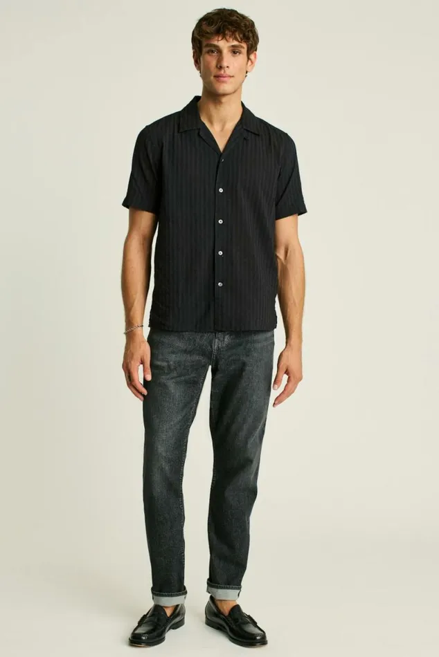 Men Riviera Cabana Shirt Black Textured Stripe Bonobos Short Sleeve Shirts