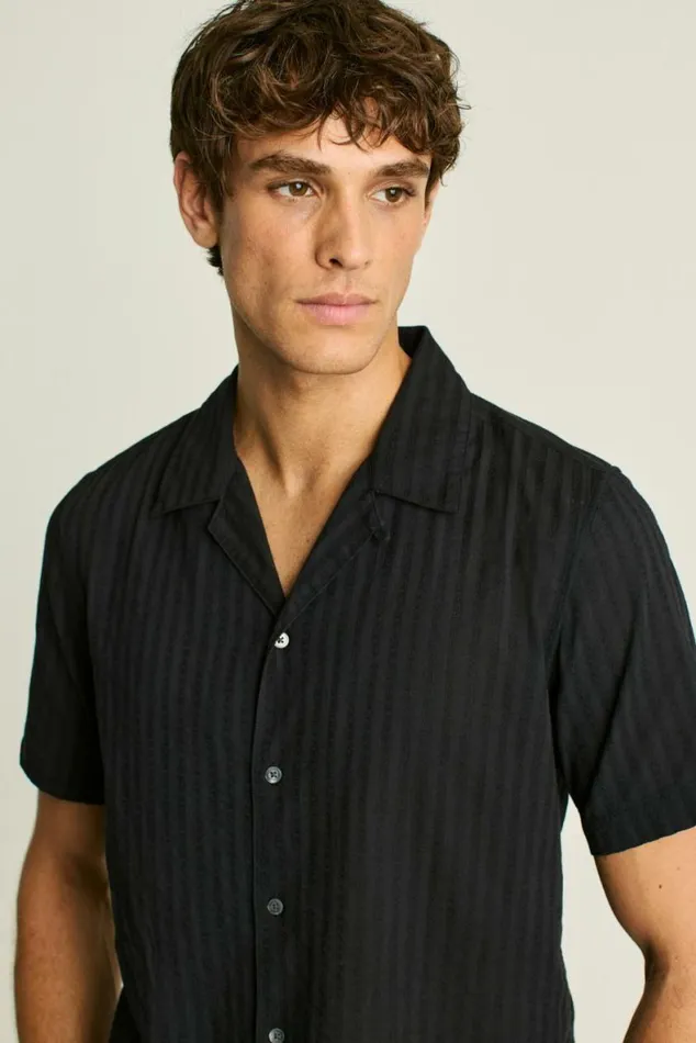 Men Riviera Cabana Shirt Black Textured Stripe Bonobos Short Sleeve Shirts