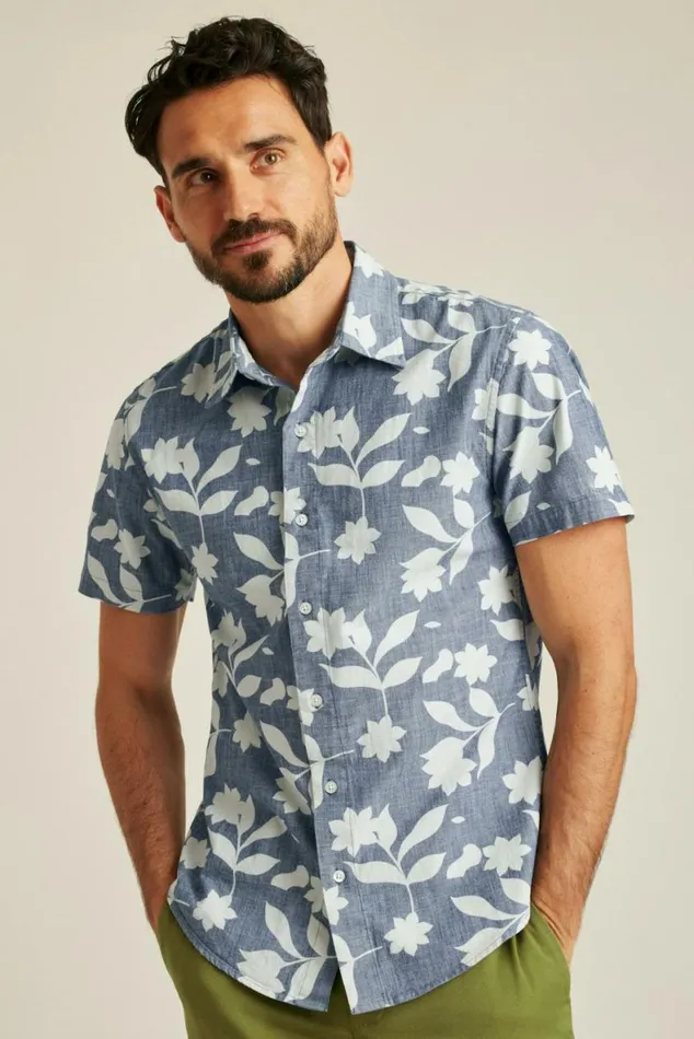 Men Riviera Short Sleeve Shirt Blue Chambray Floral Stamp Bonobos Short Sleeve Shirts