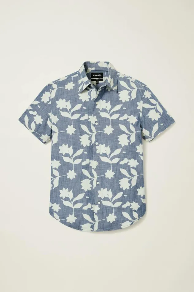 Men Riviera Short Sleeve Shirt Blue Chambray Floral Stamp Bonobos Short Sleeve Shirts