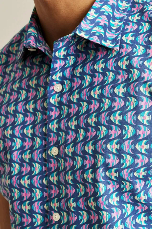 Men Riviera Short Sleeve Shirt Navy Pink Fish Waves Bonobos Short Sleeve Shirts