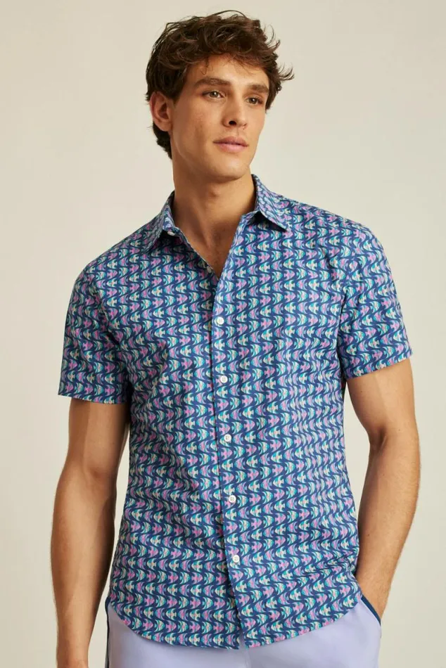 Men Riviera Short Sleeve Shirt Navy Pink Fish Waves Bonobos Short Sleeve Shirts