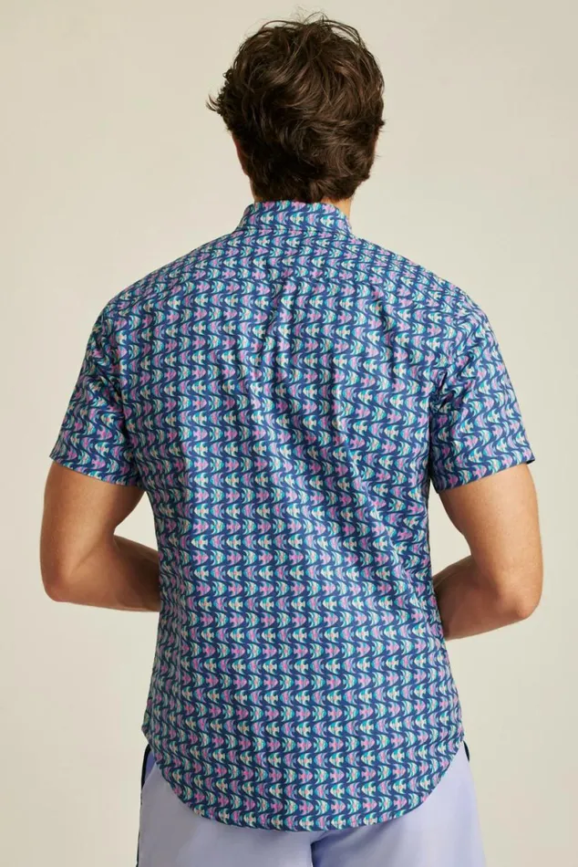 Men Riviera Short Sleeve Shirt Navy Pink Fish Waves Bonobos Short Sleeve Shirts