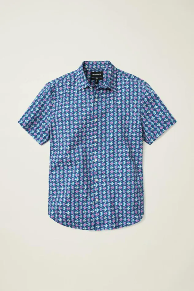 Men Riviera Short Sleeve Shirt Navy Pink Fish Waves Bonobos Short Sleeve Shirts