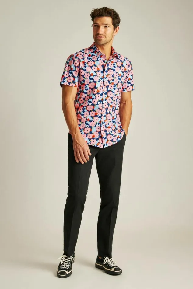 Men Riviera Short Sleeve Shirt Navy Pink Pop Floral Bonobos Short Sleeve Shirts