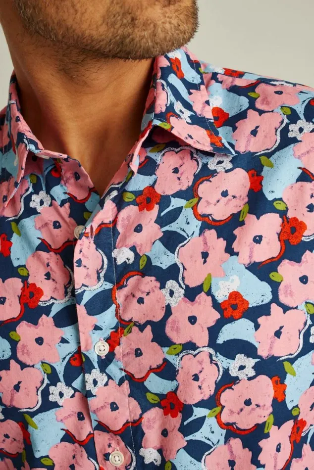 Men Riviera Short Sleeve Shirt Navy Pink Pop Floral Bonobos Short Sleeve Shirts