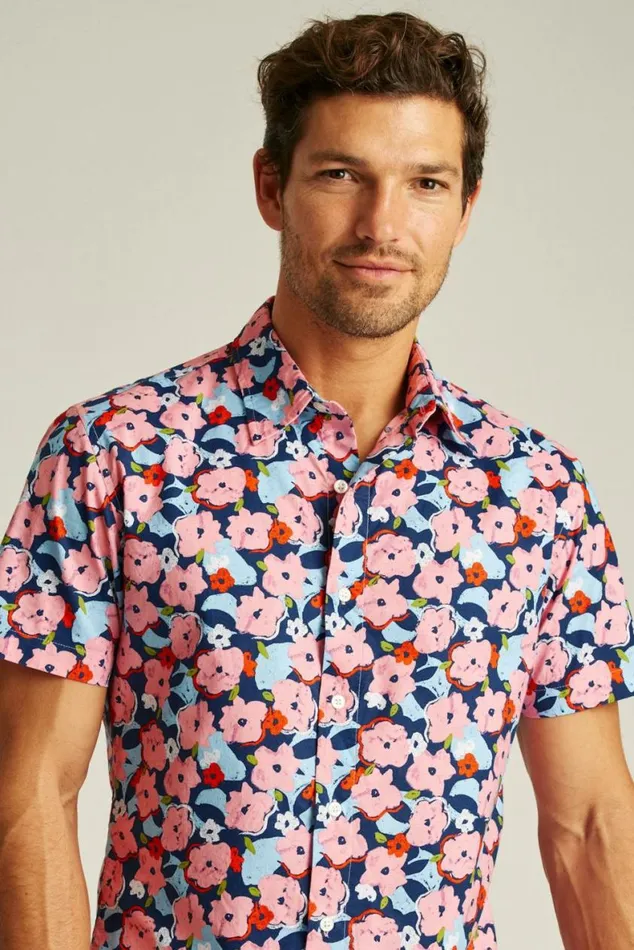 Men Riviera Short Sleeve Shirt Navy Pink Pop Floral Bonobos Short Sleeve Shirts