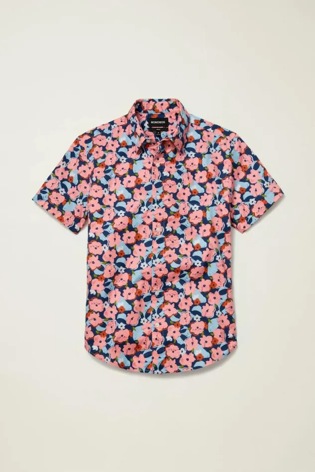 Men Riviera Short Sleeve Shirt Navy Pink Pop Floral Bonobos Short Sleeve Shirts
