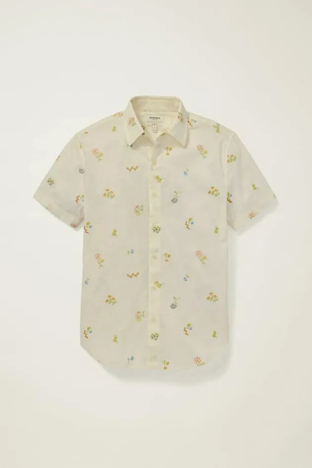 Men Riviera Short Sleeve Shirt White Embroidered Floral Bonobos Casual Shirts