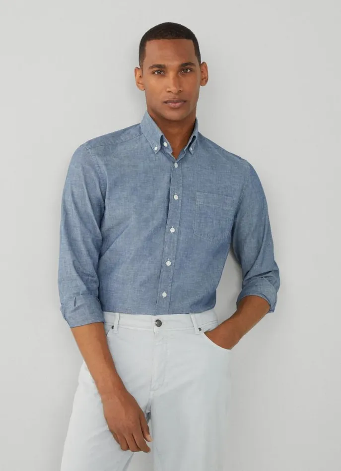 Men Shirts Hackett London Slim Fit Chambray Shirt Indigo Blue