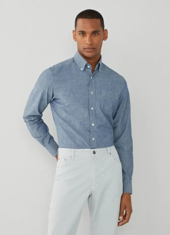 Men Shirts Hackett London Slim Fit Chambray Shirt Indigo Blue