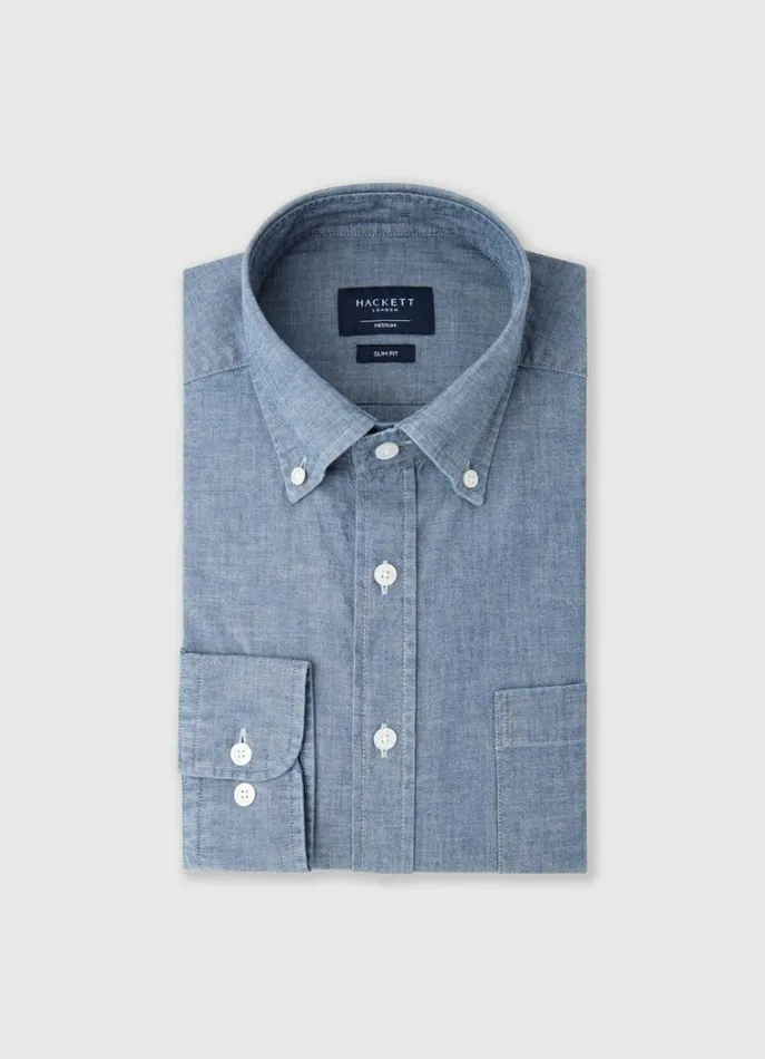 Men Shirts Hackett London Slim Fit Chambray Shirt Indigo Blue