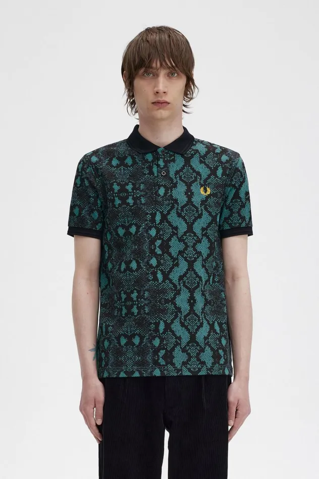 Men Snake Print Shirt Deep Mint Fred Perry Polo Shirts