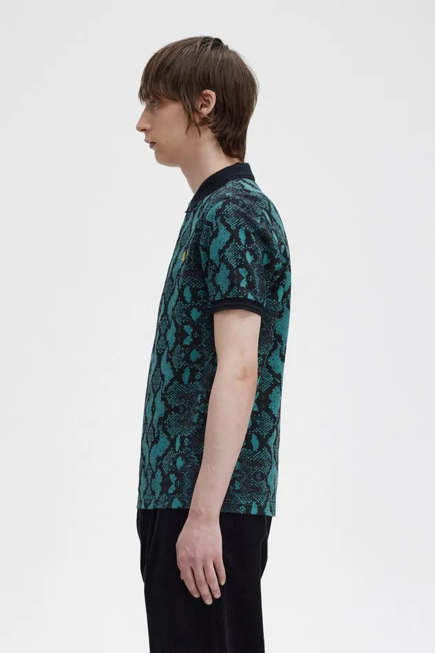 Men Snake Print Shirt Deep Mint Fred Perry Polo Shirts
