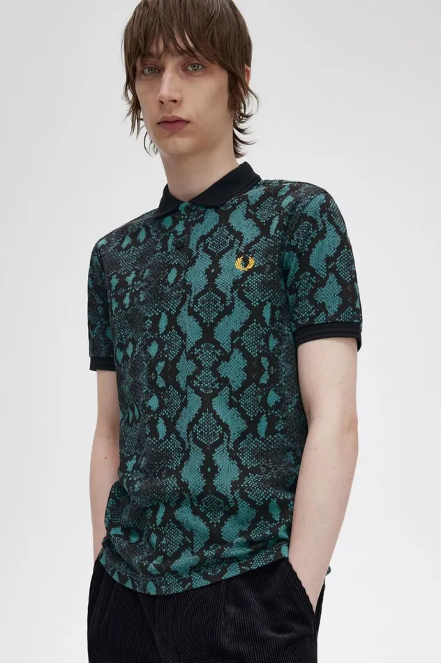 Men Snake Print Shirt Deep Mint Fred Perry Polo Shirts