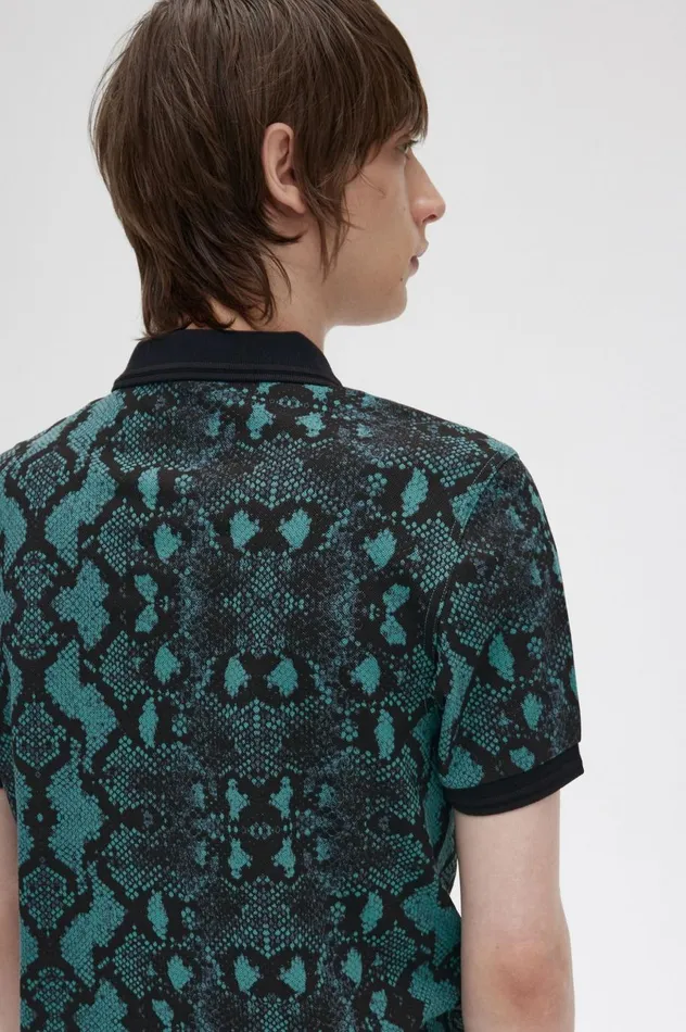 Men Snake Print Shirt Deep Mint Fred Perry Polo Shirts