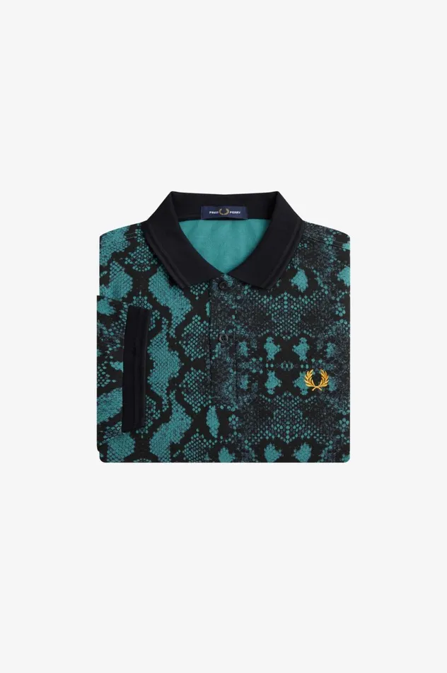 Men Snake Print Shirt Deep Mint Fred Perry Polo Shirts