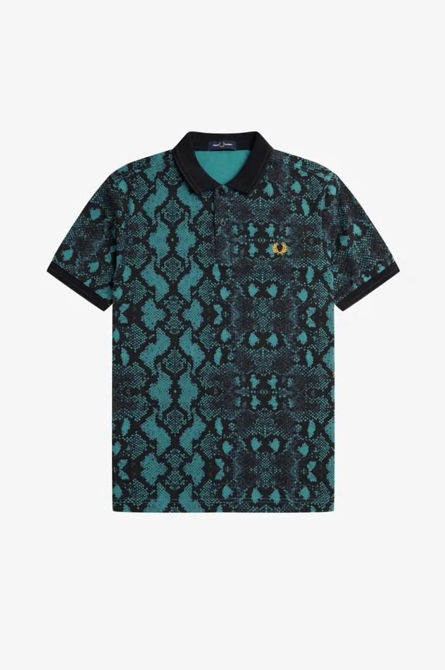 Men Snake Print Shirt Deep Mint Fred Perry Polo Shirts