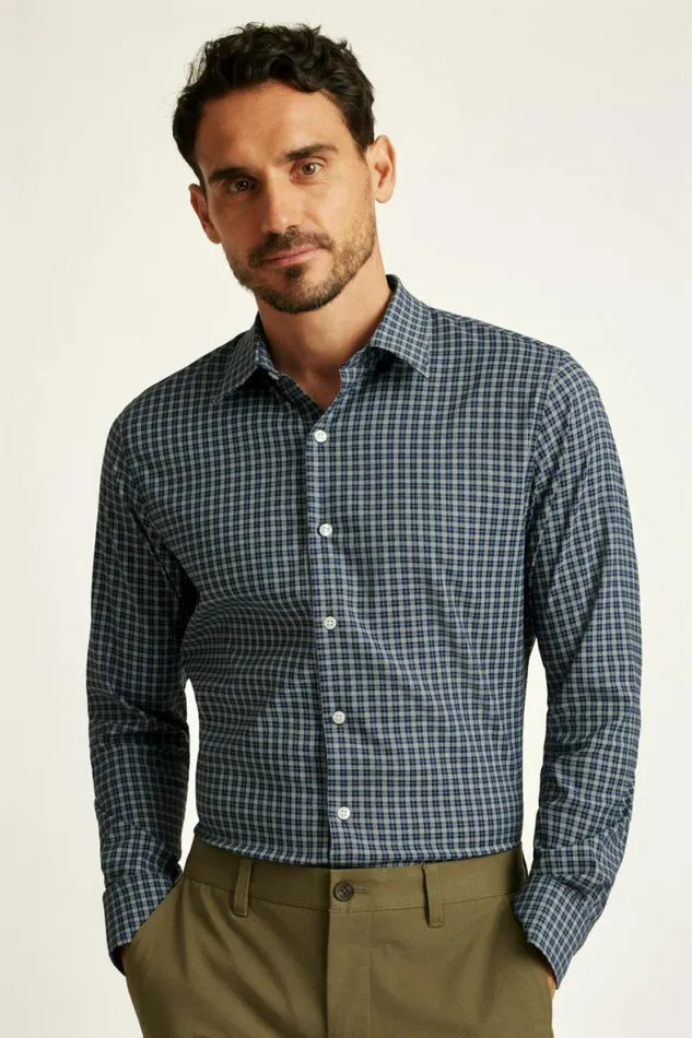 Men Tech Button Down Shirt Dark Navy Plaid Bonobos Business Casual Shirts