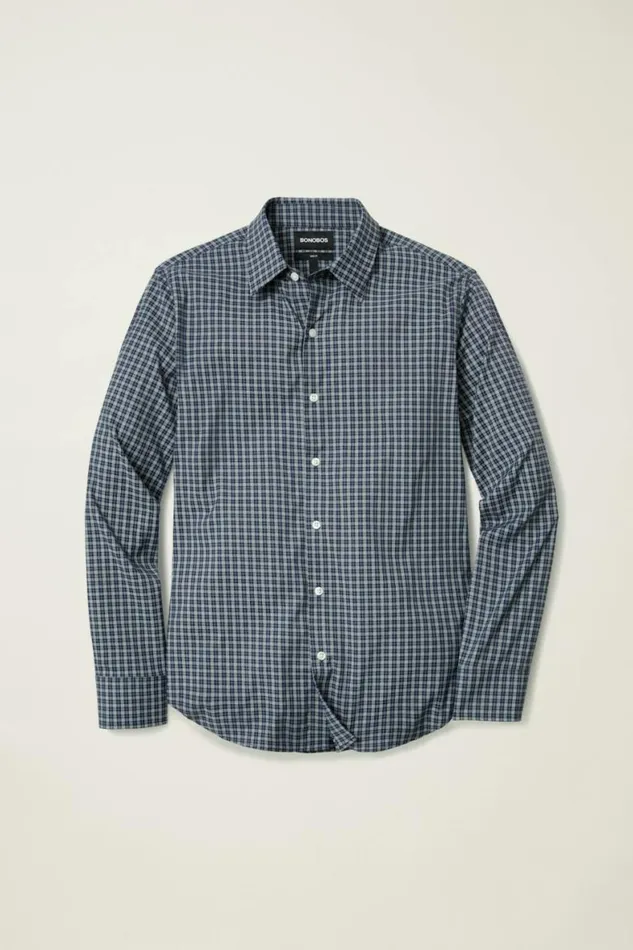 Men Tech Button Down Shirt Dark Navy Plaid Bonobos Business Casual Shirts