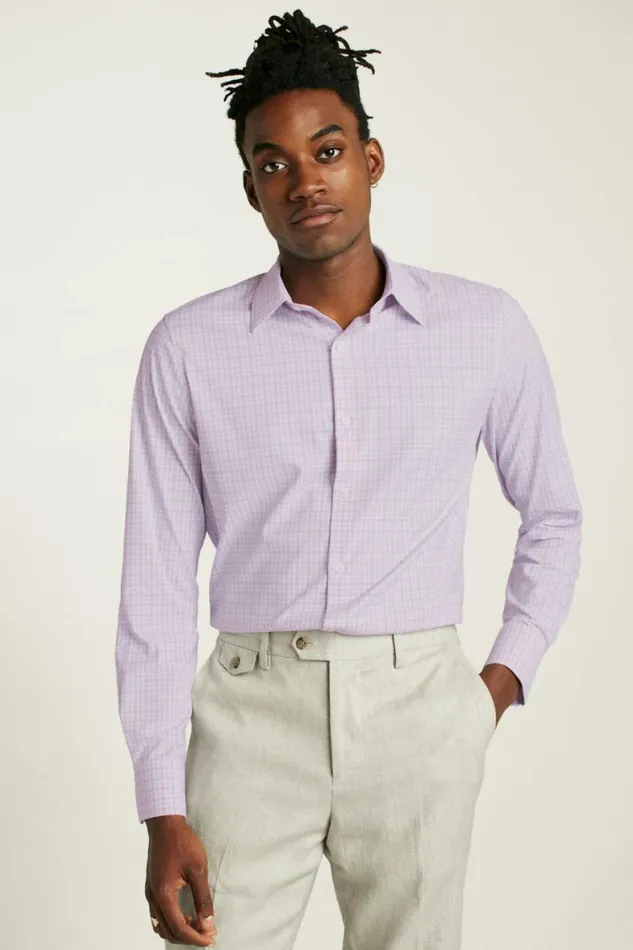 Men Tech Button Down Shirt Lilac Pascal Plaid Bonobos Business Casual Shirts