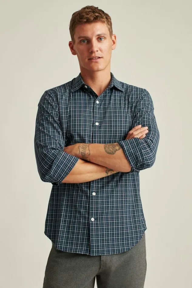 Men Tech Button Down Shirt Navy Budd Lake Plaid Bonobos Business Casual Shirts