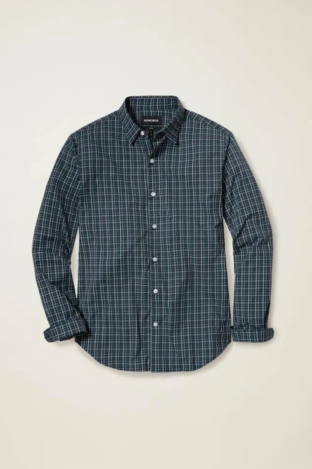 Men Tech Button Down Shirt Navy Budd Lake Plaid Bonobos Business Casual Shirts