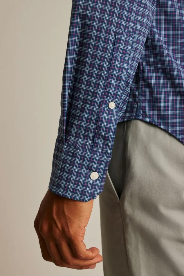 Men Tech Button Down Shirt Navy Greenland Plaid Bonobos Business Casual Shirts