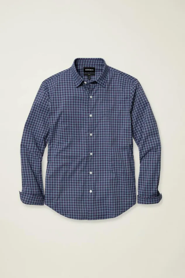 Men Tech Button Down Shirt Navy Greenland Plaid Bonobos Business Casual Shirts