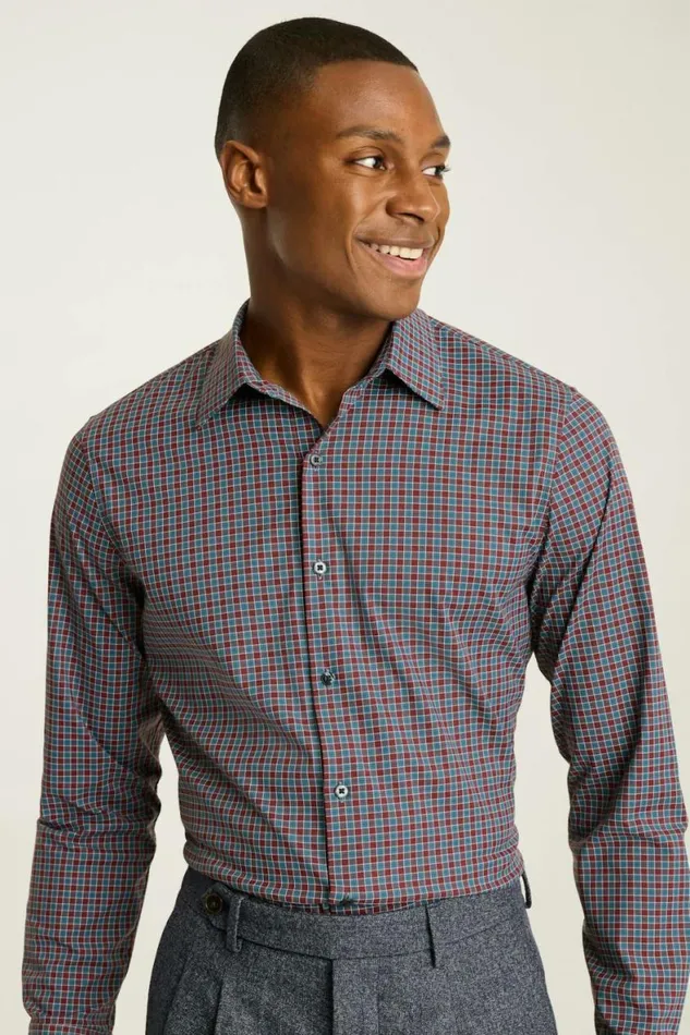 Men Tech Button Down Shirt Red Blue Ingram Plaid Bonobos Casual Shirts