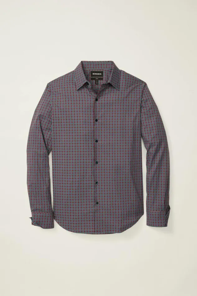 Men Tech Button Down Shirt Red Blue Ingram Plaid Bonobos Casual Shirts