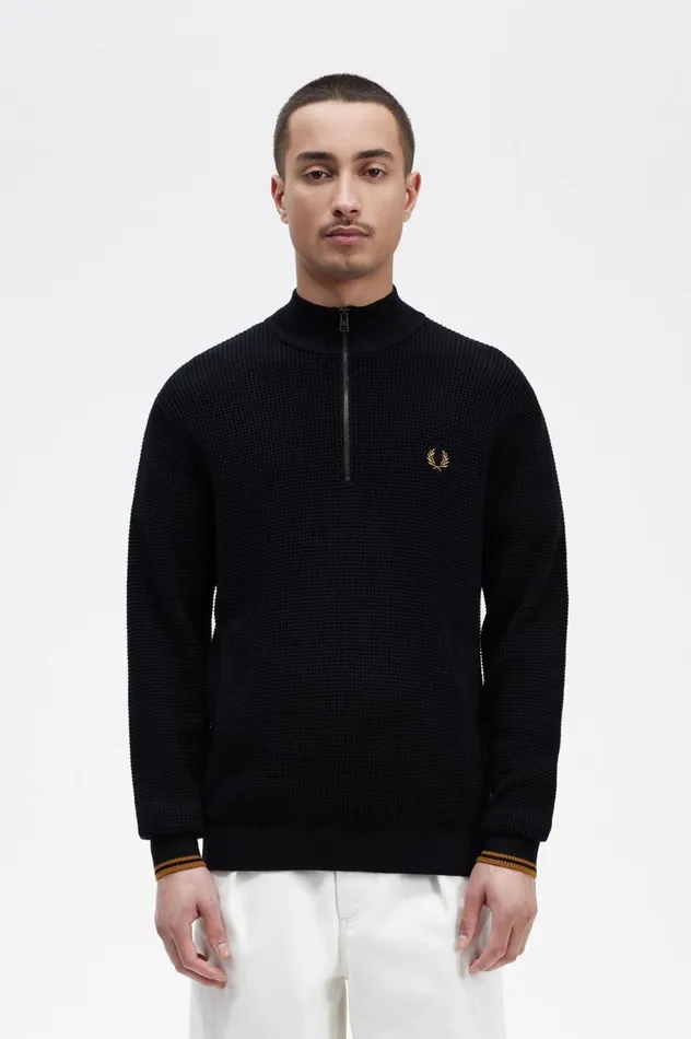 Men Waffle Stitch Half Zip Jumper Navy Fred Perry Knitwear