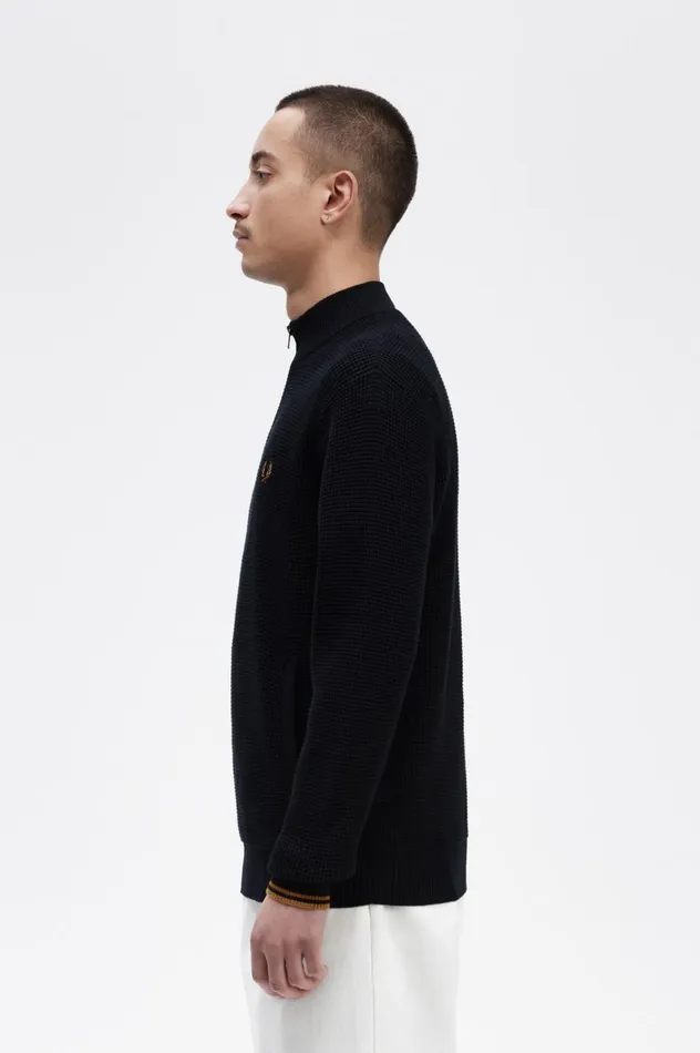 Men Waffle Stitch Half Zip Jumper Navy Fred Perry Knitwear