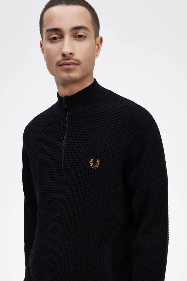 Men Waffle Stitch Half Zip Jumper Navy Fred Perry Knitwear